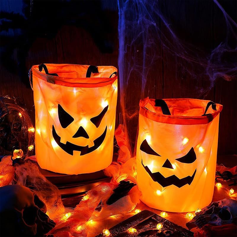 Bolsas de dulces de Halloween con luz LED para niños y adultos, cubo multiusos de Halloween para dulce o truco con cara sonriente de calabaza para