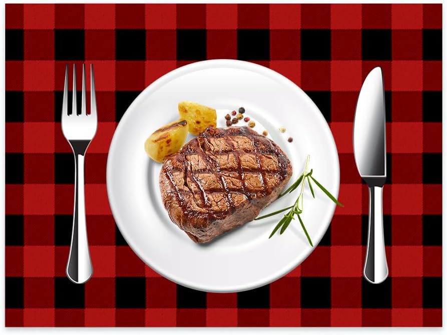 Juego de 6 manteles individuales a cuadros rojos y negros, manteles individuales de algodón y lino para mesa de comedor, para fiestas, cocina,