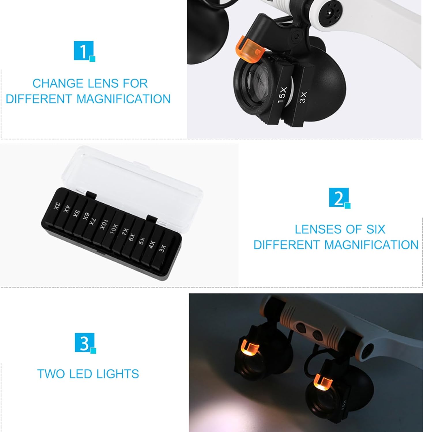 Lupa con luz LED, lupa de reparación de reloj LXIANGN Jeweler Lupe manos libres cabeza lupa lupa con 6 lentes intercambiables – 3X 4X 5X 6X 7X 10x