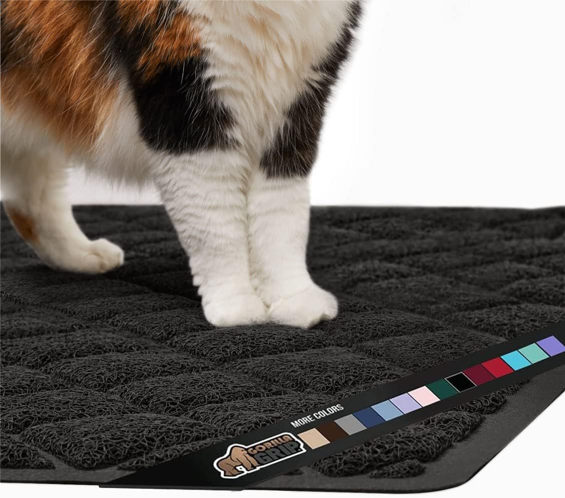 Gorilla Grip – Tapete grueso para arena de gato, 24 x 17, menos residuos, atrapa suciedad, se mantiene en su sitio, suave para las patas, limpieza