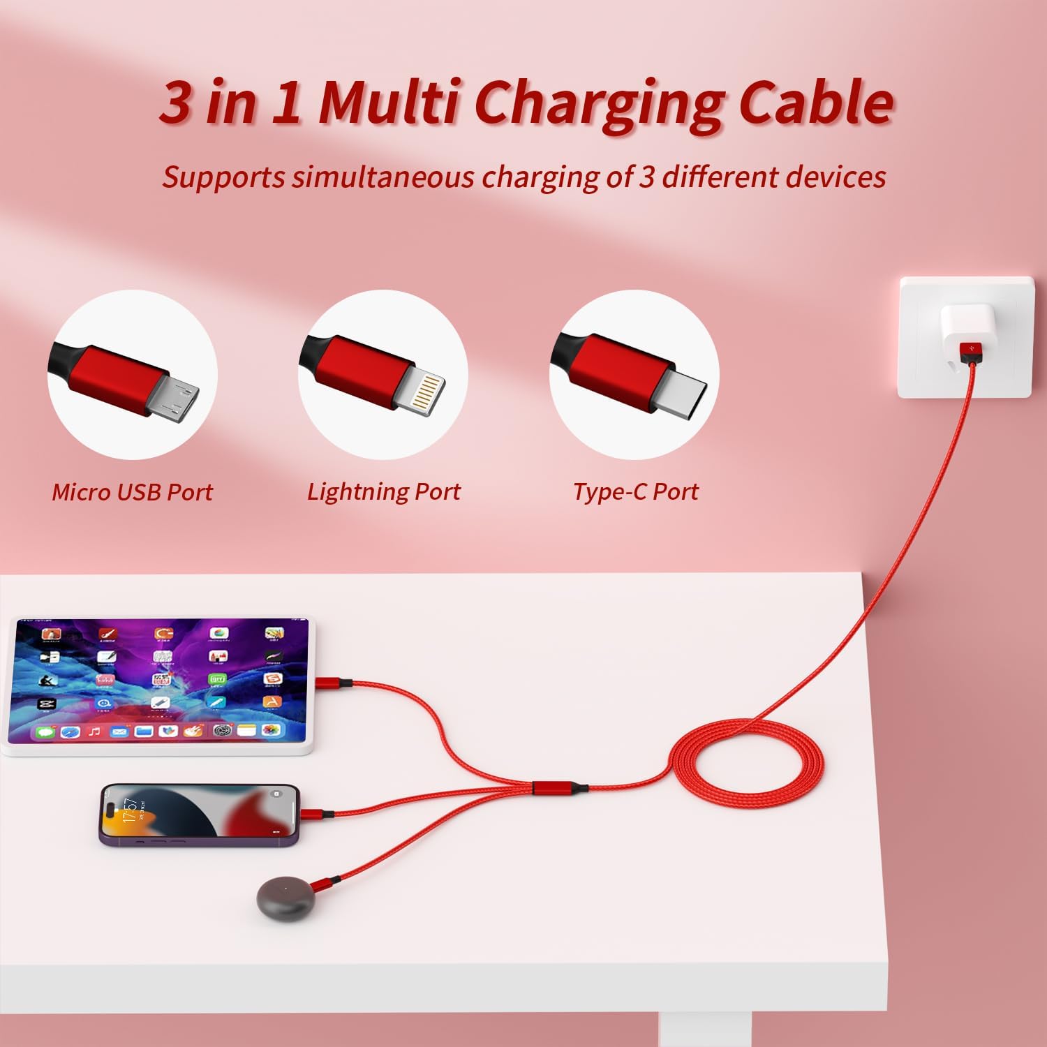 Cable de carga múltiple (paquete de 2 unidades de 4 pies), cable de carga múltiple USB de nailon trenzado 3 en 1, cable de carga rápida con puerto