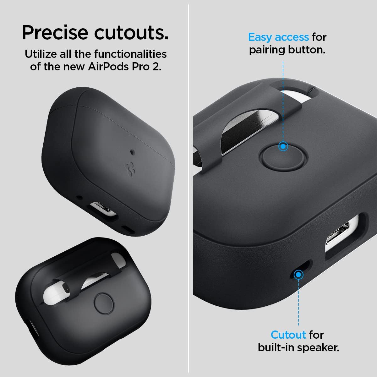 Spigen Funda de silicona diseñada para AirPods Pro de 2 generación 20222023 (cable USB-CLightening) Airpods Pro 2 con cordón, color negro y negro