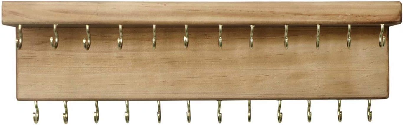 SANY DAYO HOME Organizador de joyas con 24 ganchos y estante para cosméticos, 12 x 3 x 4 pulgadas, soporte de madera de pino rústico montado en la