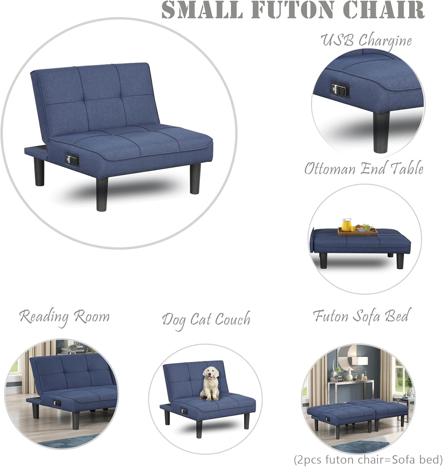 Comfy Mini sofás, futón reclinable pequeño con respaldo ajustable (puertos USB), mini sofá individual para espacio pequeño, sillas reclinables para