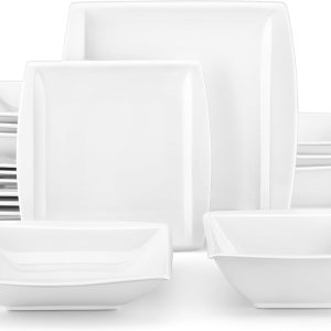 MALACASA BLANCE – Juego de vajilla cuadrada de 32 piezas, color blanco marfil, juego de vajilla de porcelana con platos llanos, cuencos para MALACASA BLANCE – Juego de vajilla cuadrada de 32 piezas, color blanco marfil, juego de vajilla de porcelana con platos llanos, cuencos para