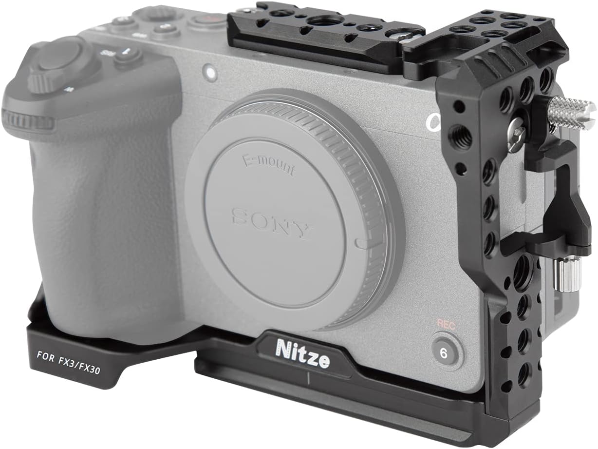 Nitze Jaula FX3 FX30 para Sony FX30, Sony FX3 con abrazadera de cable HDMI, rieles NATO y zapata fría integrada y placa Arca QR, compatible con