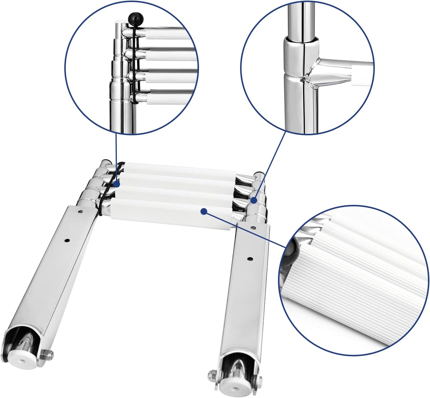 YOUNG MARINE Escalera telescópica y plegable de acero inoxidable de 4 escalones con estribo de plástico blanco, montaje sobre plataforma