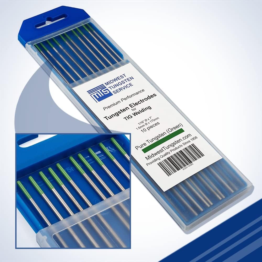 Midwest Tungsten Service Electrodos de soldadura TIG de tungsteno paquete de 10 (verde, tungsteno puro (WP, EWP), 116 pulgadas