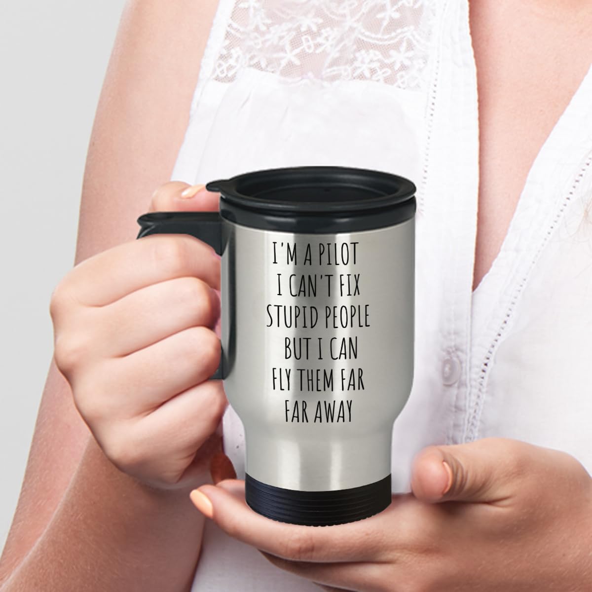 Taza de viaje aislada con tapa, regalo para piloto, divertido regalo de piloto para hombres y mujeres, taza de regalo de reloj piloto blanco