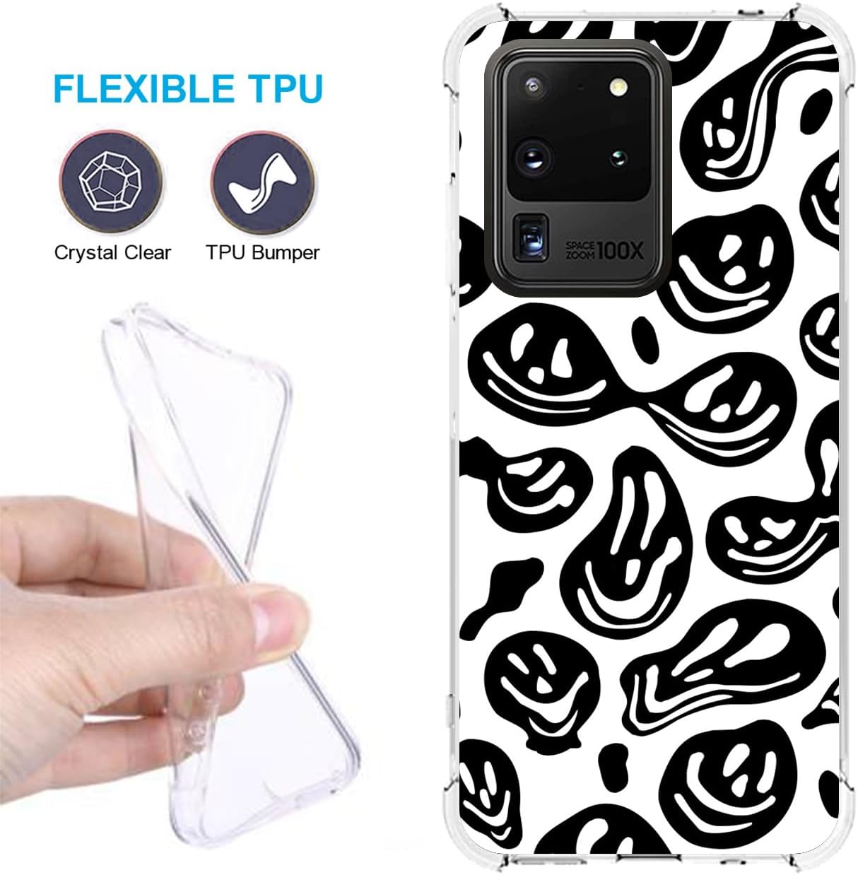 zaztify Funda para teléfono Samsung Galaxy S20 Ultra 5G4GLTE, color blanco y negro divertido trippy goteo sonrisa derretida hippie sonriente