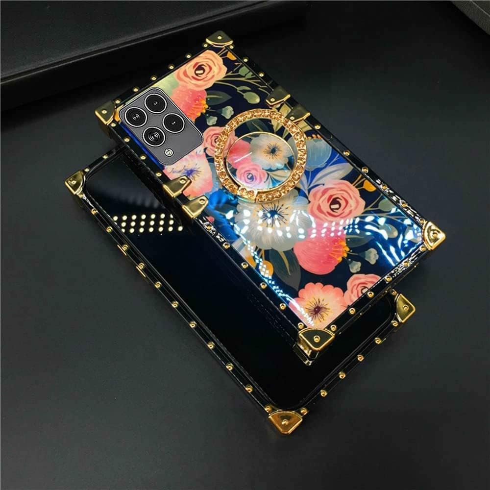Para T-Mobile REVVL 6 pro 5G Caso Más Nuevo Retro Azul Ray Rose Flower Glitter Skin Design TPU+PU Cuero Oro Cuadrado Esquina Volver Caso Con Soporte