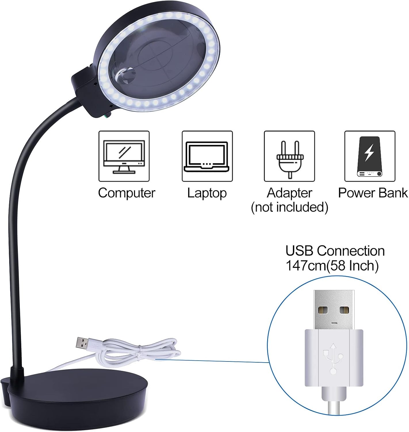 Lupa con luz y soporte, lámpara de escritorio con aumento de 10 x 20 x con brillo regulable sin escalones, cuello de cisne ajustable para leer,