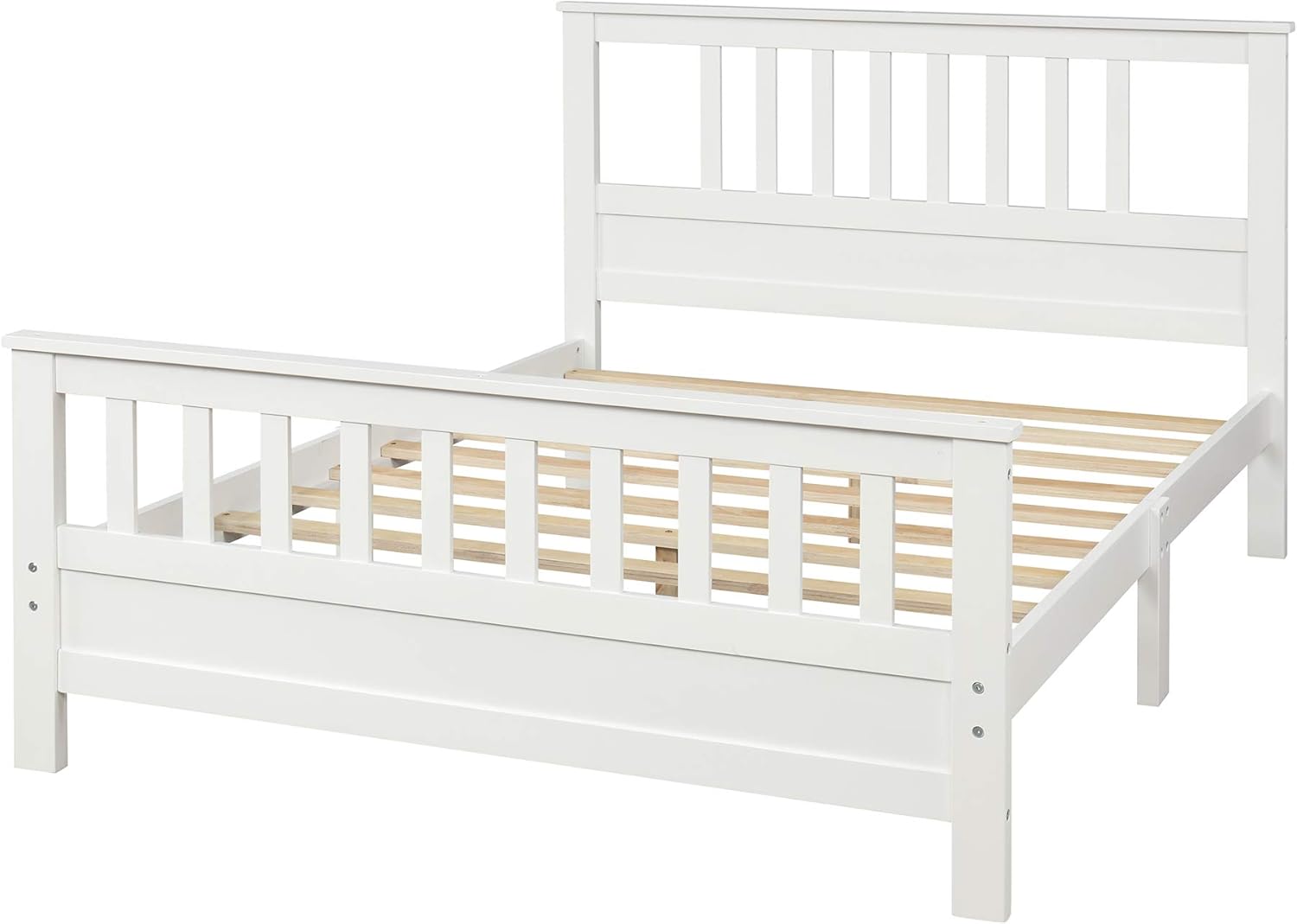 Base de cama de plataforma blanca de tamaño matrimonial con cabecero y estribo, marco de cama matrimonial de madera con soporte de listones
