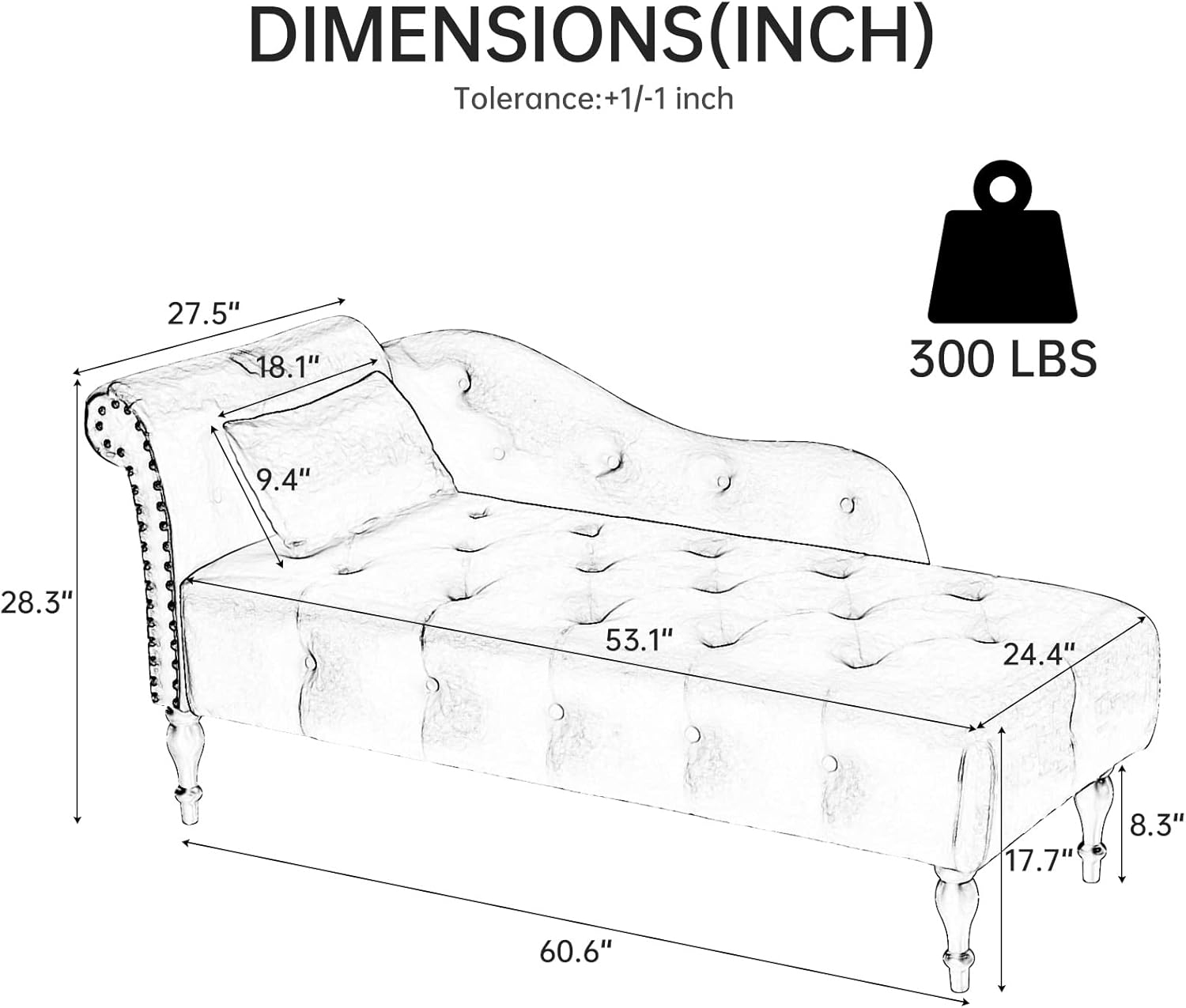 Chaise Lounge – Silla de terciopelo para interiores con almohada, con botones copetudos, brazo derecho, con ribete de cabeza de clavos y patas