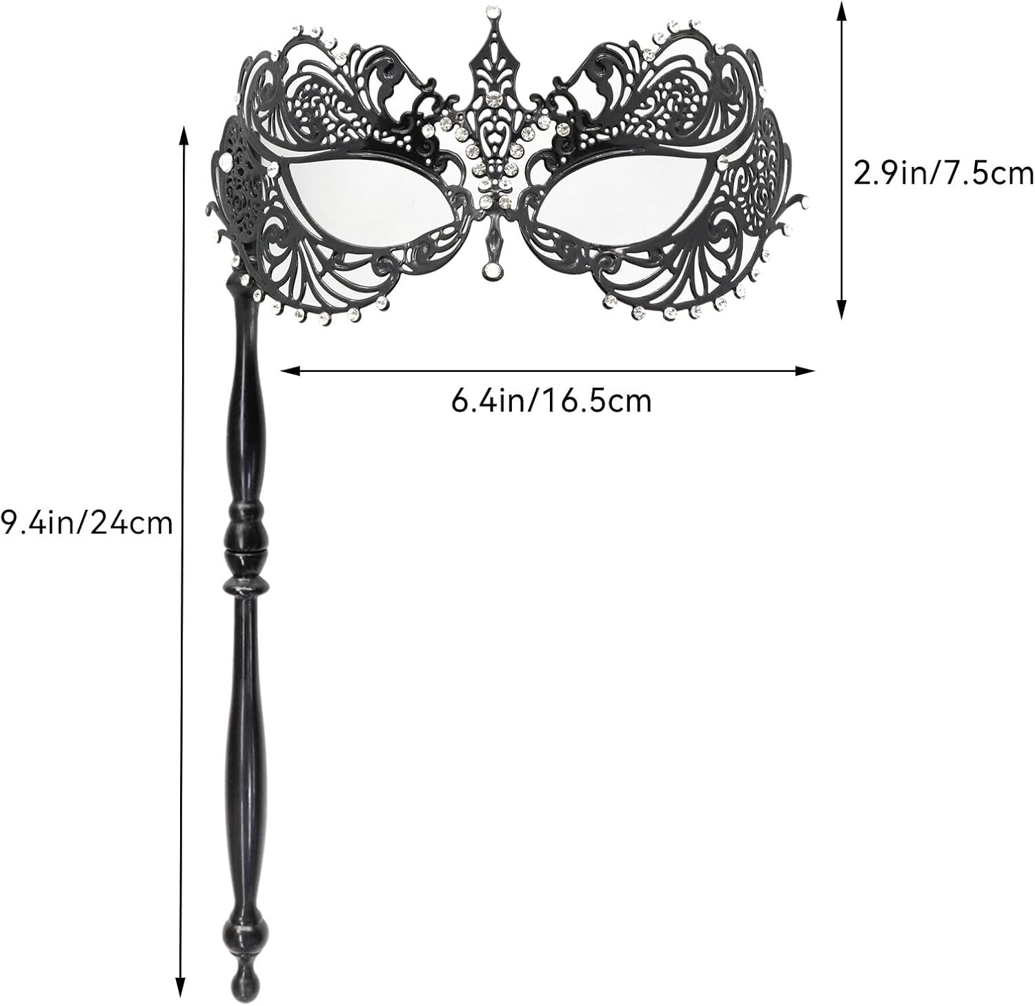 Thmyo Máscara veneciana de fiesta de Mardi Gras de Halloween con palo de sujeción, máscara de mano con plumas de metal y diamantes de imitación