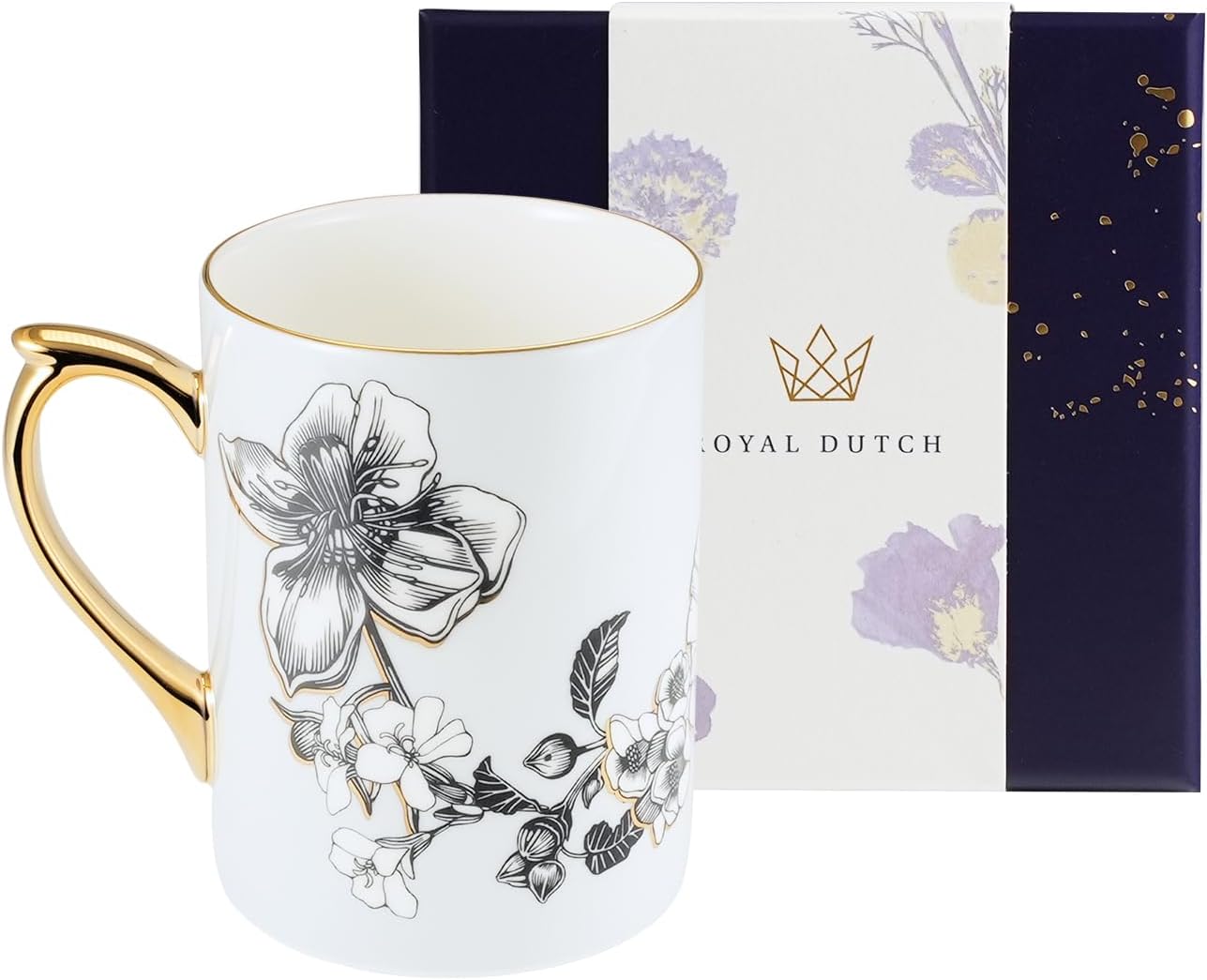 Royal Dutch Taza de café de 12 onzas líquidas, tazas de café de porcelana fina de hueso, tazas de cerámica con mango para capuchino, latte,