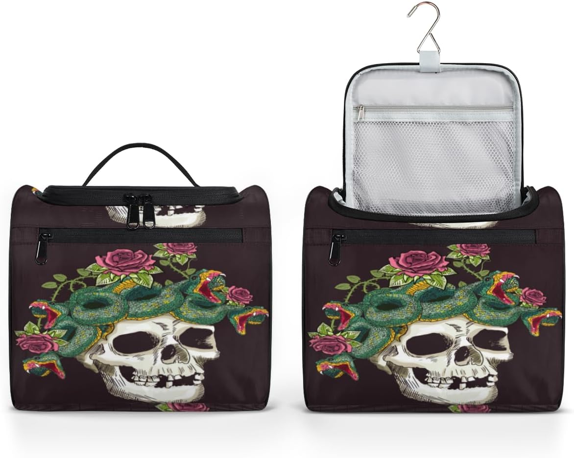 Neceser de Halloween con diseño de calaveras de azúcar para mujer, organizador de maquillaje de viaje con gancho para colgar, bolsas de cosméticos