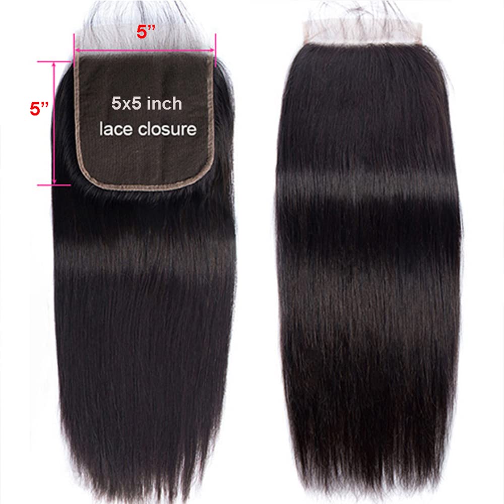 Cierre de encaje recto de 5 x 5, solo cabello humano, parte libre con abuelitos, nudos blanqueados, cabello virgen brasileño, encaje frontal suizo