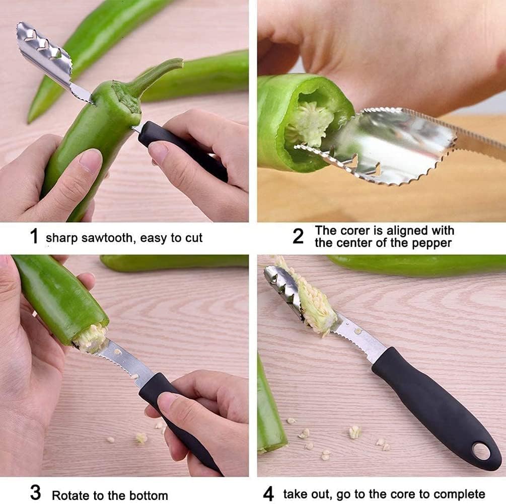 Jalapeno – Cortador de pimienta de acero inoxidable para picador de pimienta con rebanada dentada y mango de goma, fácil de quitar semillas para
