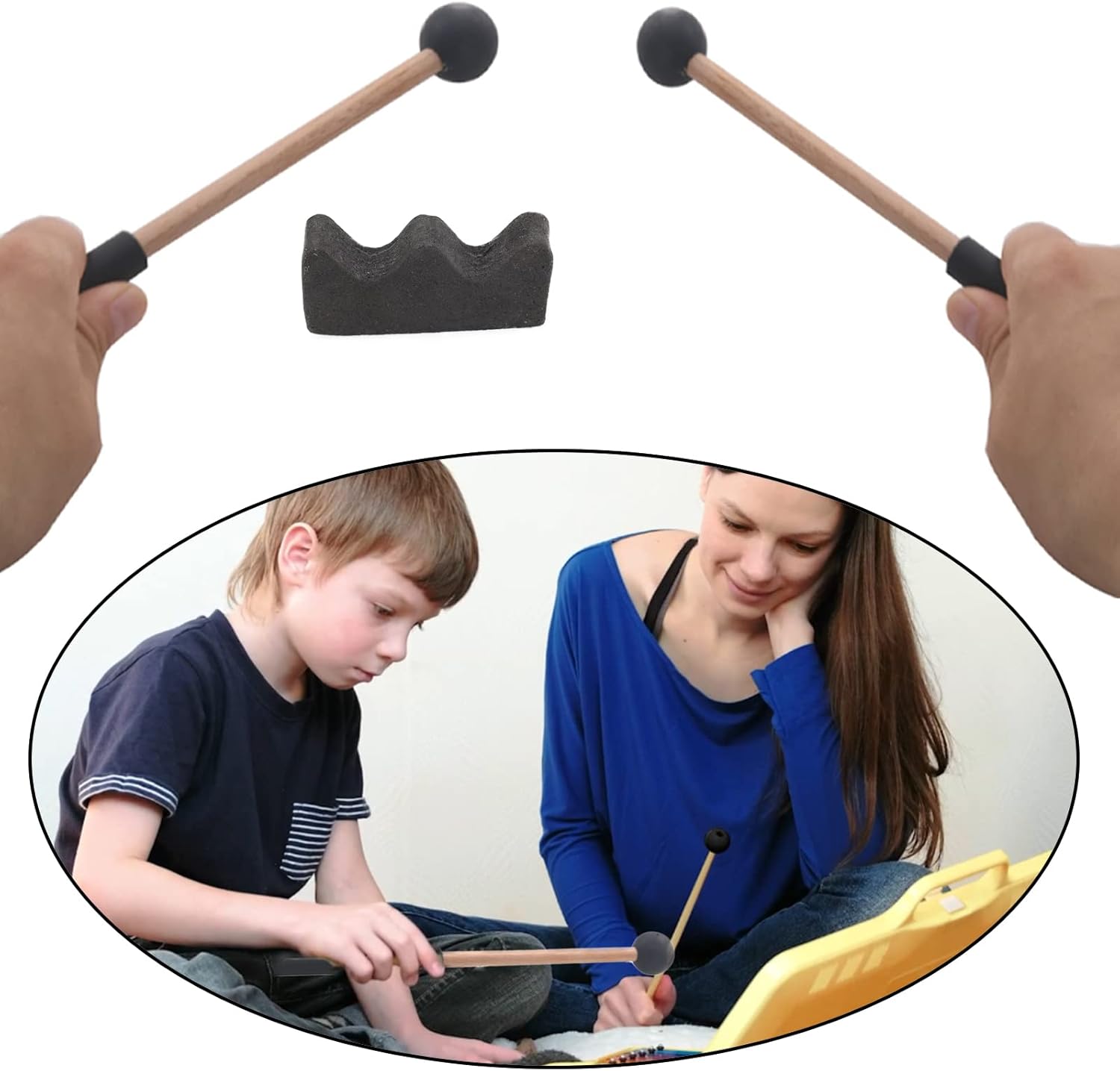 Cheerock 1 par de mazos de lengua de madera con soporte, palos de mano negros, mazo de lengua de acero con mango de goma, accesorios de instrumentos