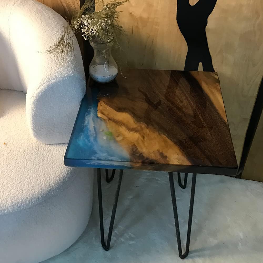 Mesa de epoxi transparente, mesa de sofá con forma cuadrada, mesa auxiliar de resina de madera, mesa de centro de madera con borde natural para sala