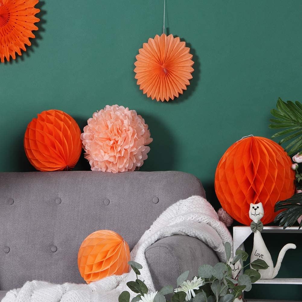 SUNBEAUTY Juego de 6 pompones naranjas para decoración de cumpleaños, abanicos de papel, decoración de fiesta naranja