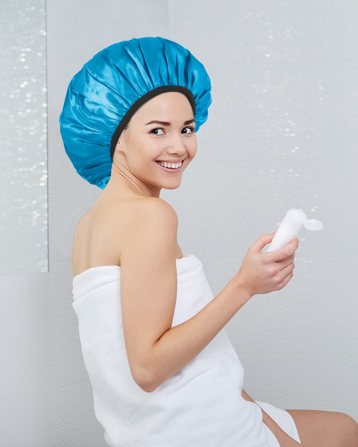 Keeygo Gorros de ducha con forro de rizo, gorro de ducha grande de triple capa para mujer, gorros de ducha reutilizables para cabello largo y grueso