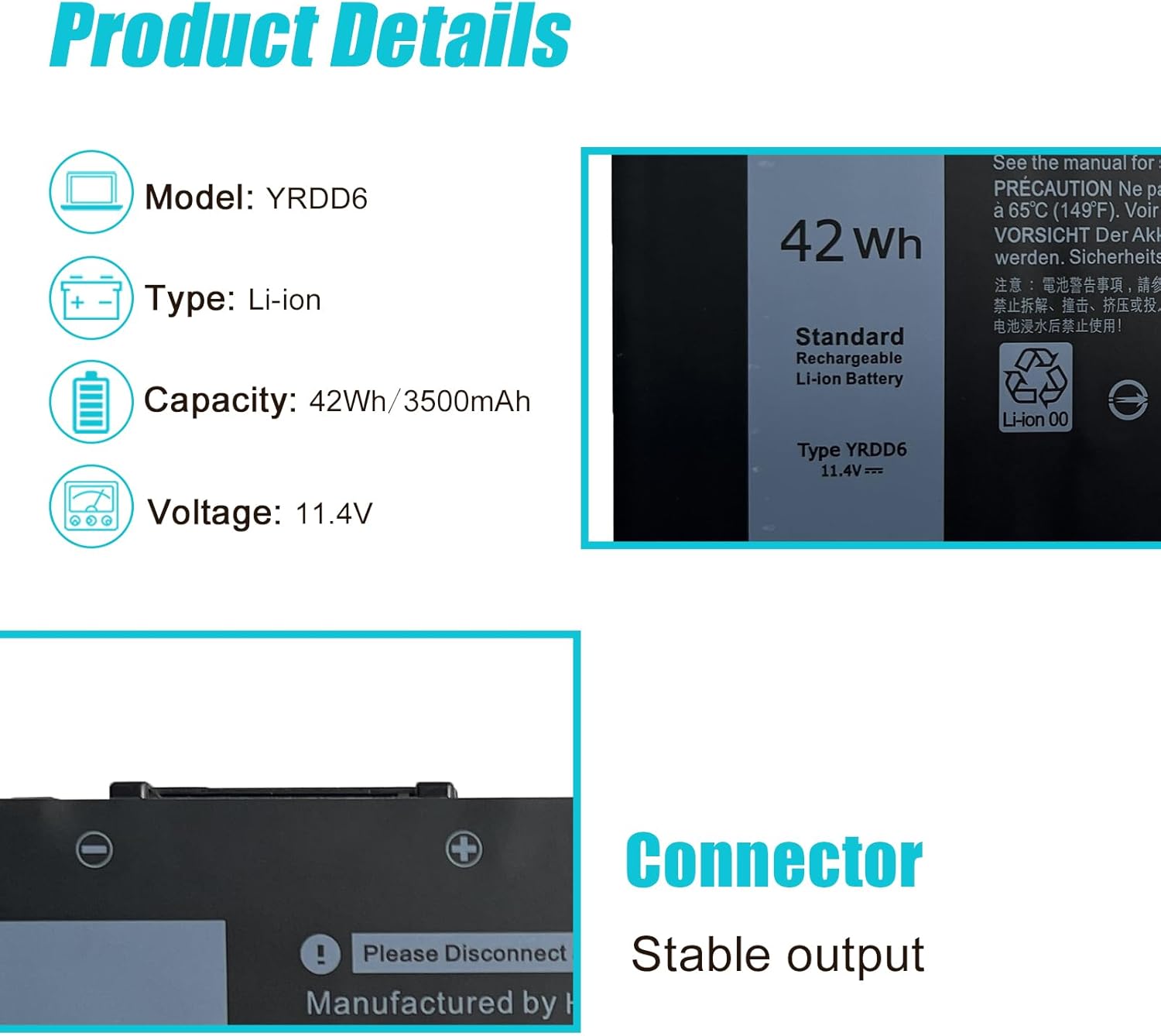 Batería YRDD6 1VX1H de 42 Wh para Dell Inspiron 7586 5482 5485 5491 5591 3310 2 en 1 5593 5591 5480 3493 3582 3583 3584 3593 3593 3584 3593 3 793 5