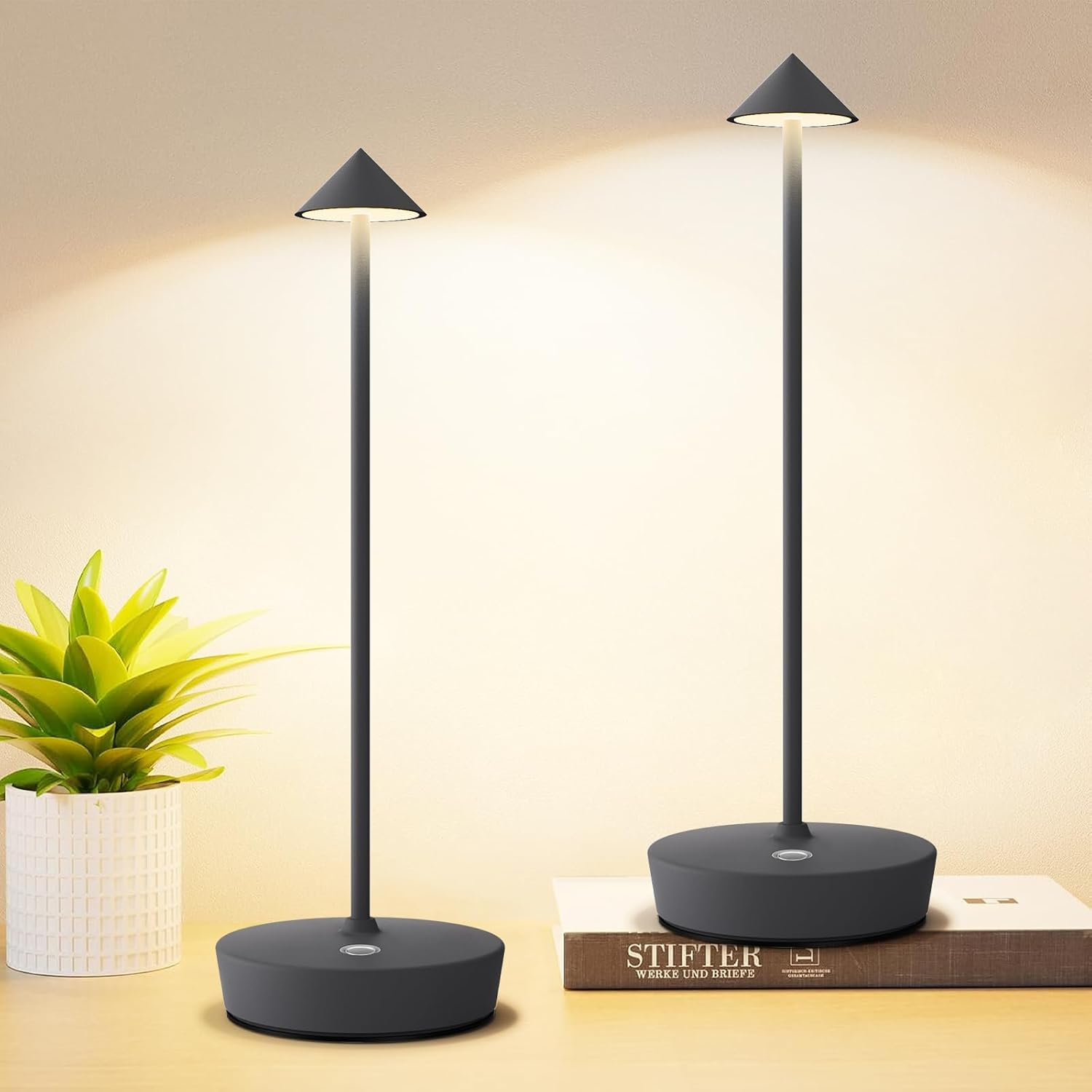 Juego de 2 lámparas de mesa inalámbricas recargables, 6000 mAh LED, funciona con pilas, lámpara de escritorio con control táctil, atenuación