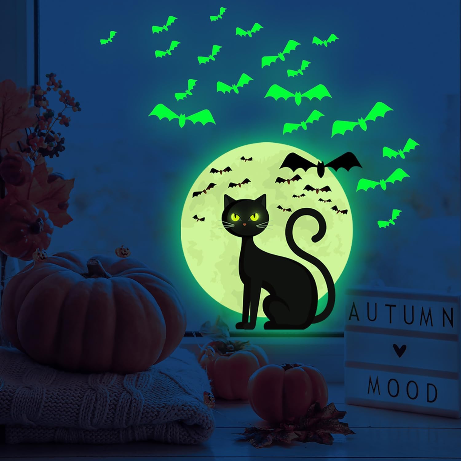 Calcomanías de pared de Halloween que brillan en la oscuridad, calcomanías de pared de Halloween, calcomanías de pared luminosas de gato,