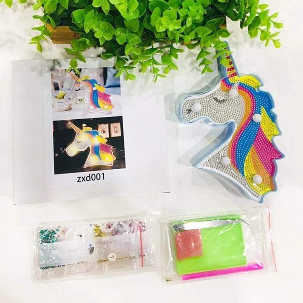 YOBEYI Pintura de diamante unicornio con luces LED, bricolaje con forma especial, taladro completo, cristal de dibujo, lámpara de noche para