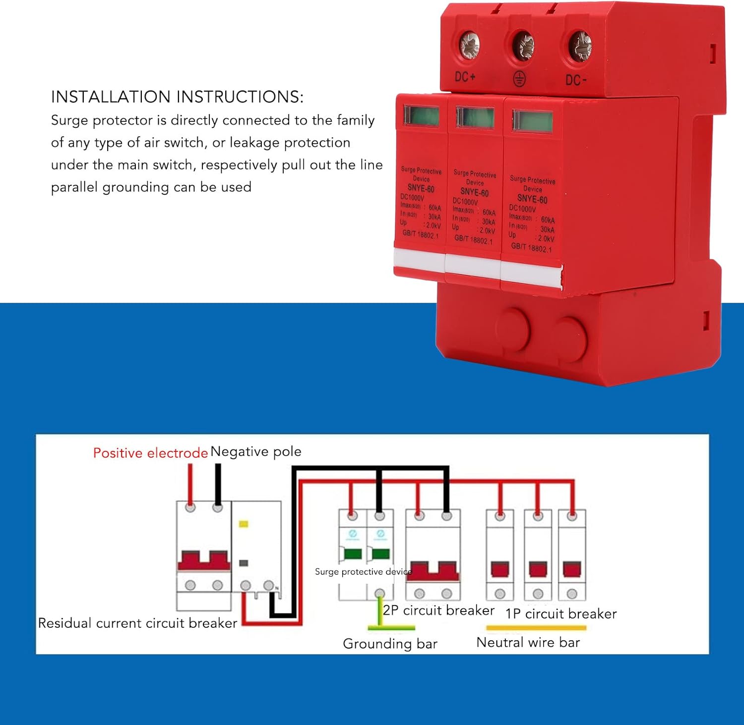 Dispositivo de protección contra sobretensiones DC 1000V 2P3P 3060KA Riel guía Protector de pararrayos de voltaje Módulo de protección electrónica