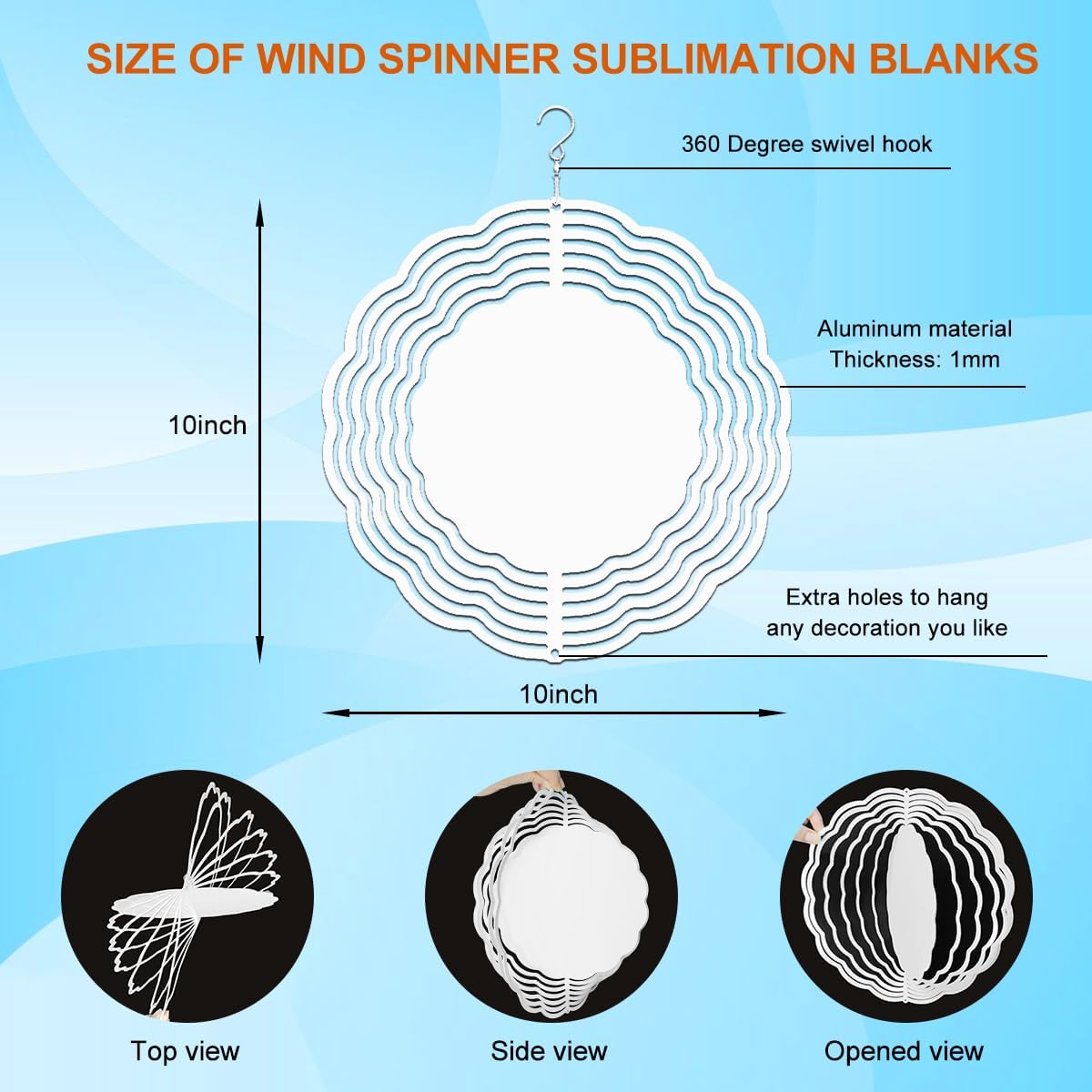 Paquete de 4 hilanderos de viento de sublimación, 3D de aluminio colgantes de 10 pulgadas, sublimación para interiores y exteriores, jardín y patio,
