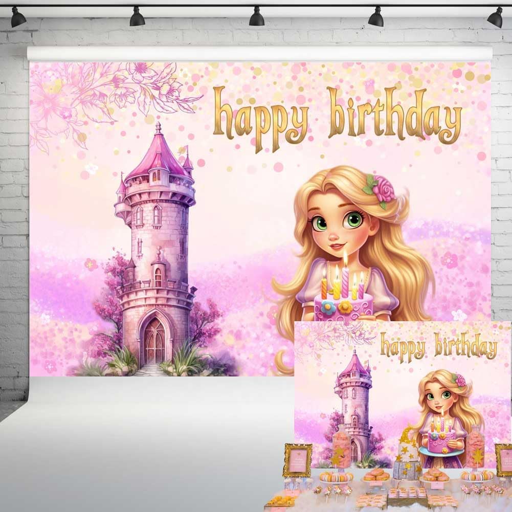Fondo de cumpleaños de princesa Rapunzel de acuarela, Rapunzel para niños pequeños con fondo de fotos de castillo de pastel, pancarta temática