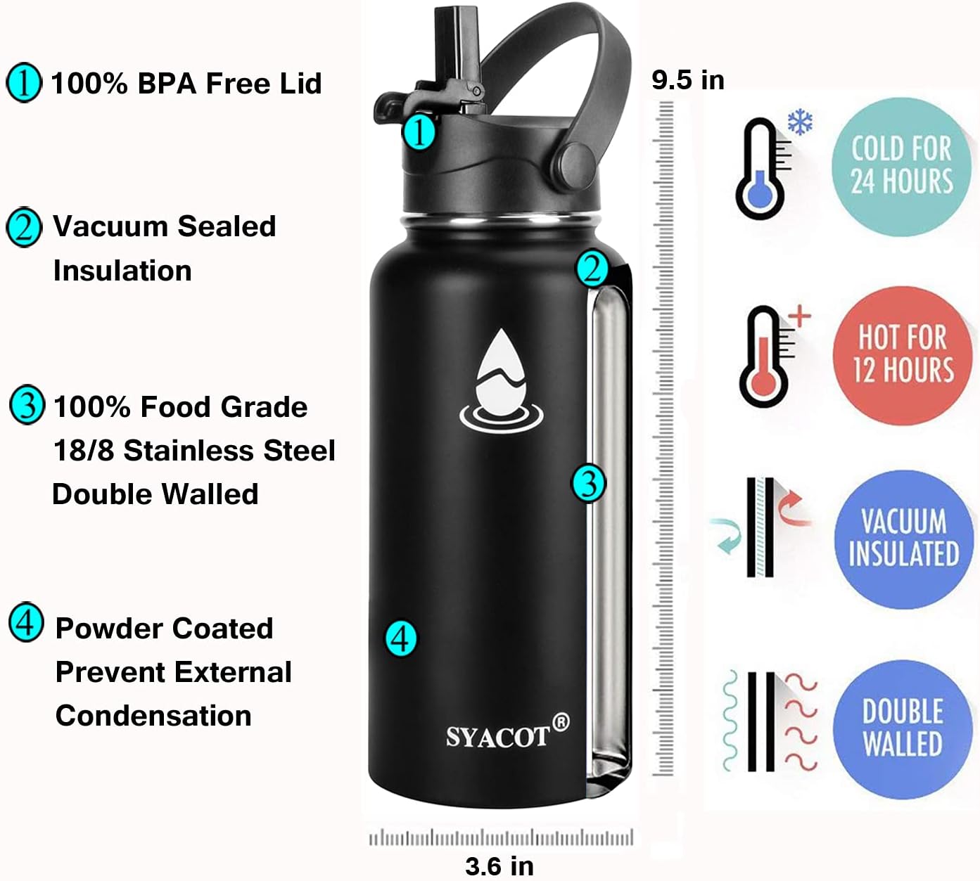 SYACOT – Botella de agua de acero inoxidable de 32 onzas, con aislamiento de doble pared al vacío a prueba de fugas, taza térmica de metal, boca