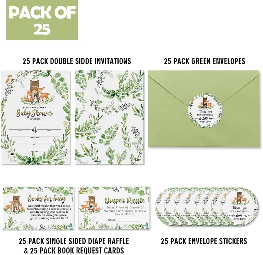 25 invitaciones para baby shower de bosque con sobres, boletos para rifas de pañales y tarjetas de solicitud de libros, calcomanías de animales del