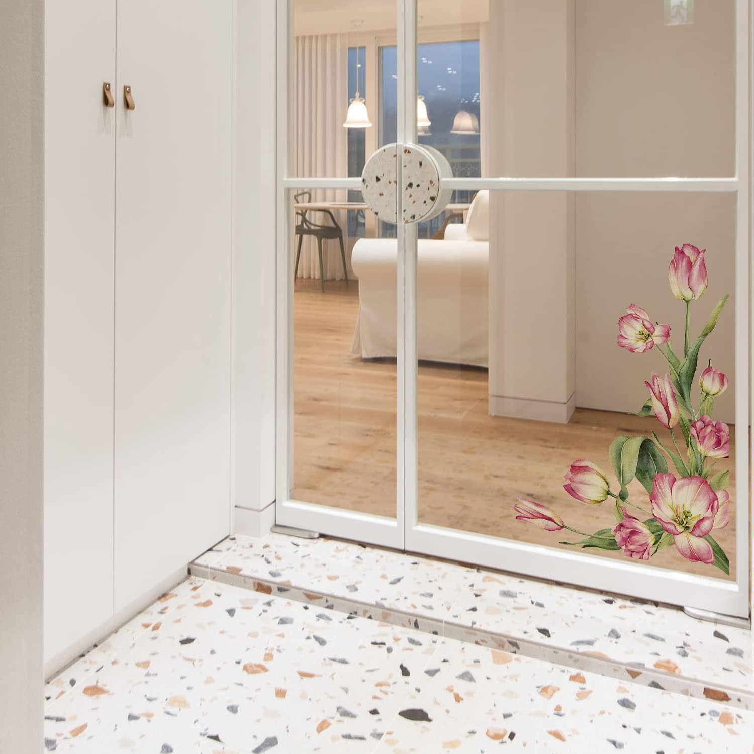 Calcomanías vintage de primavera para ventana, diseño de tulipán de primavera, adhesivo transparente para ventana, película de vidrio de doble cara