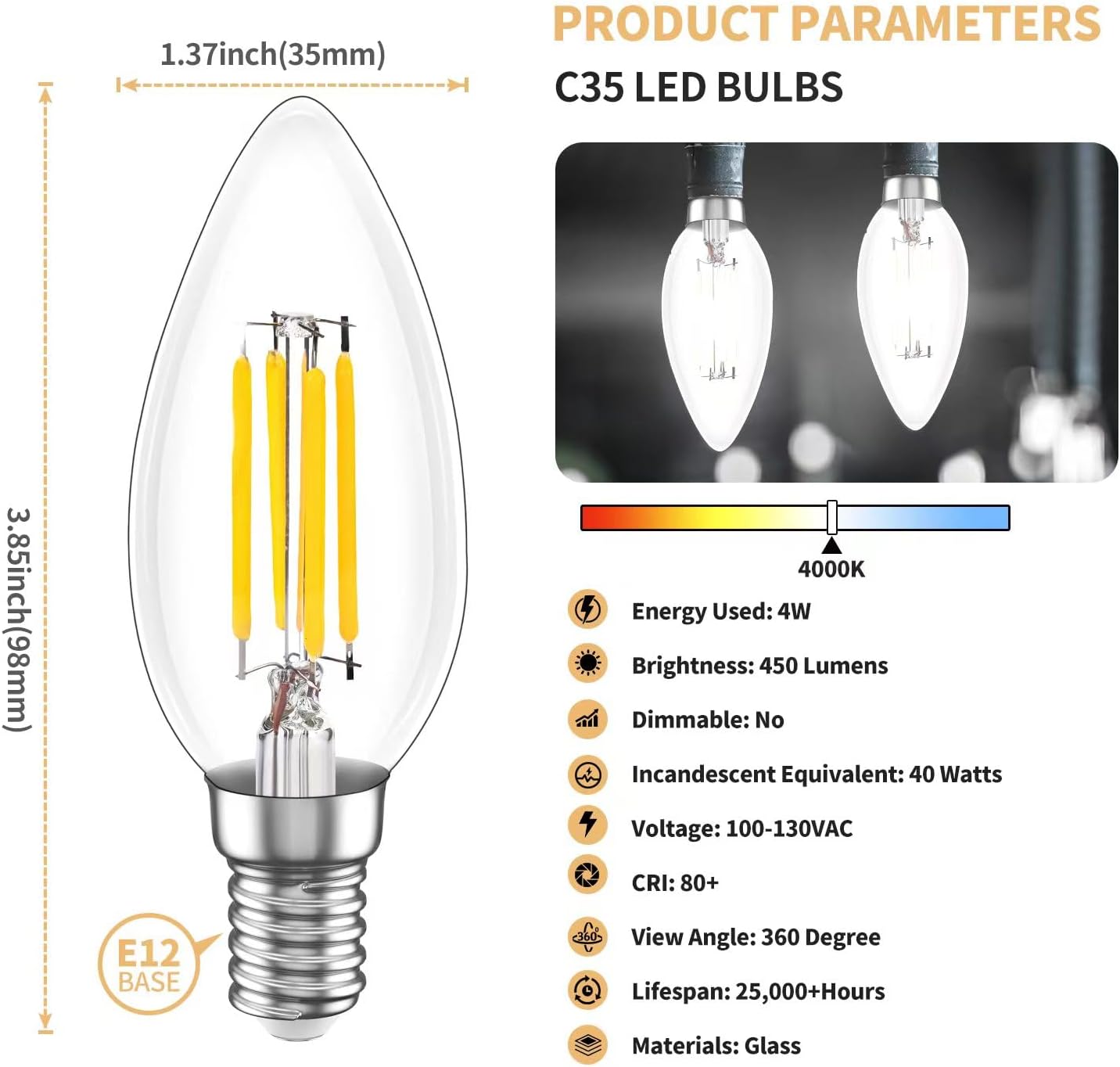 MEGAENERGY Bombilla LED E12 equivalente a 40 W, bombilla LED para candelabro, luz blanca diurna de 4000 K, no regulable, bombilla LED Edison vintage