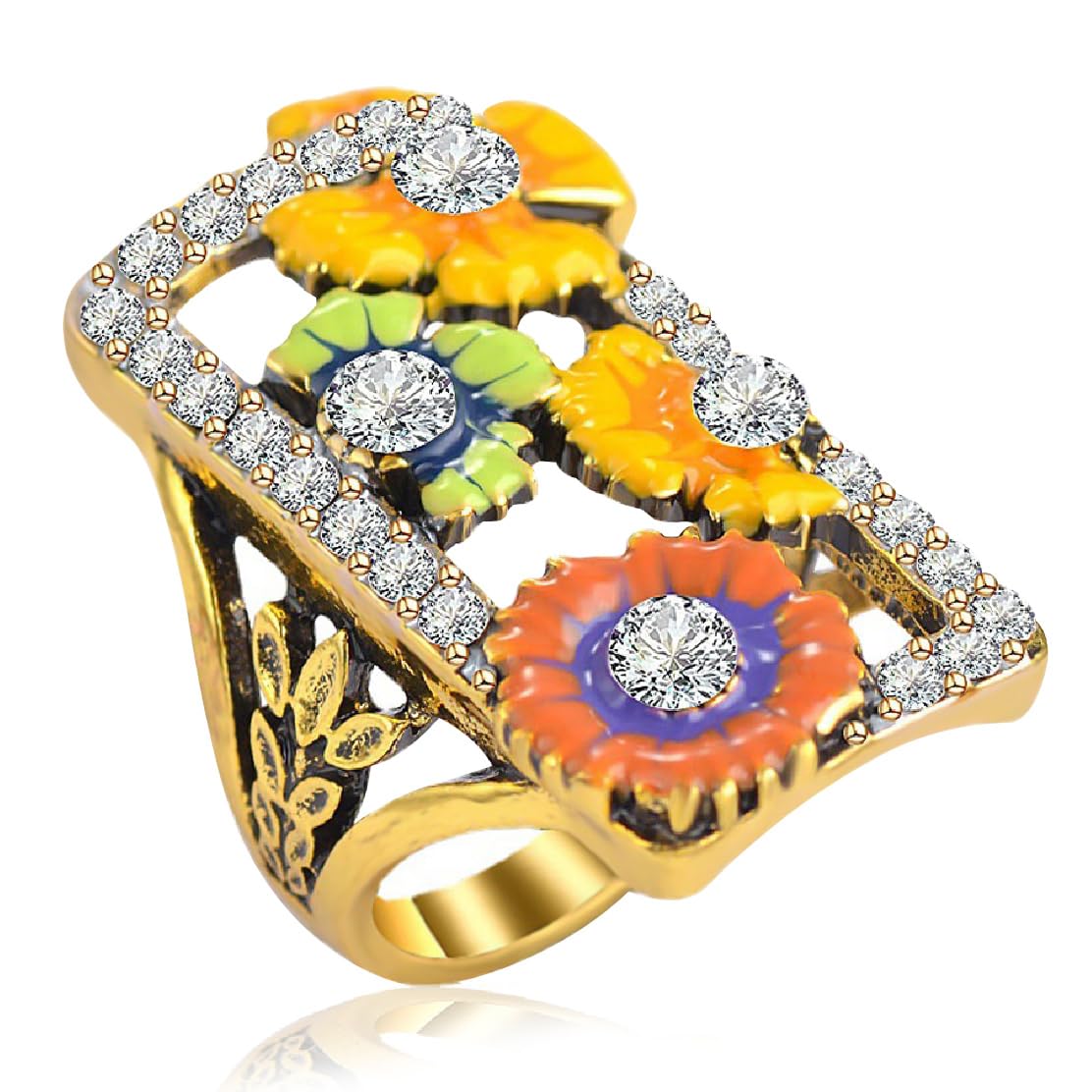 Unique Big Rectangle Resin Enamel Flower Wide Funky Ring,Handmade Floral Full Finger Chunky Long Ring,Yellow Gold Plated Large Square Cocktail Party