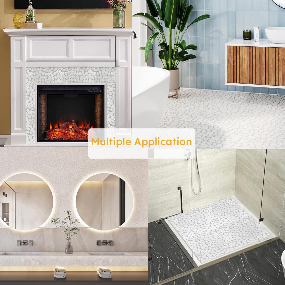 Diflart Azulejos de pared con diseño de guijarros blancos pulidos para cocina, ducha y suelo, paquete de 5 hojas