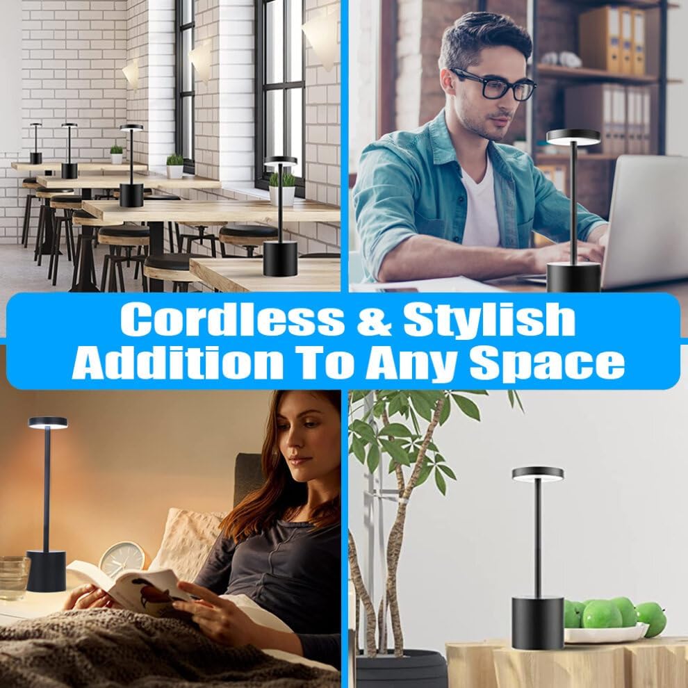 Lámpara de mesa LED inalámbrica, lámpara de escritorio recargable de 5000 mAh, 3 modos de iluminación, luz de mesa de metal regulable para