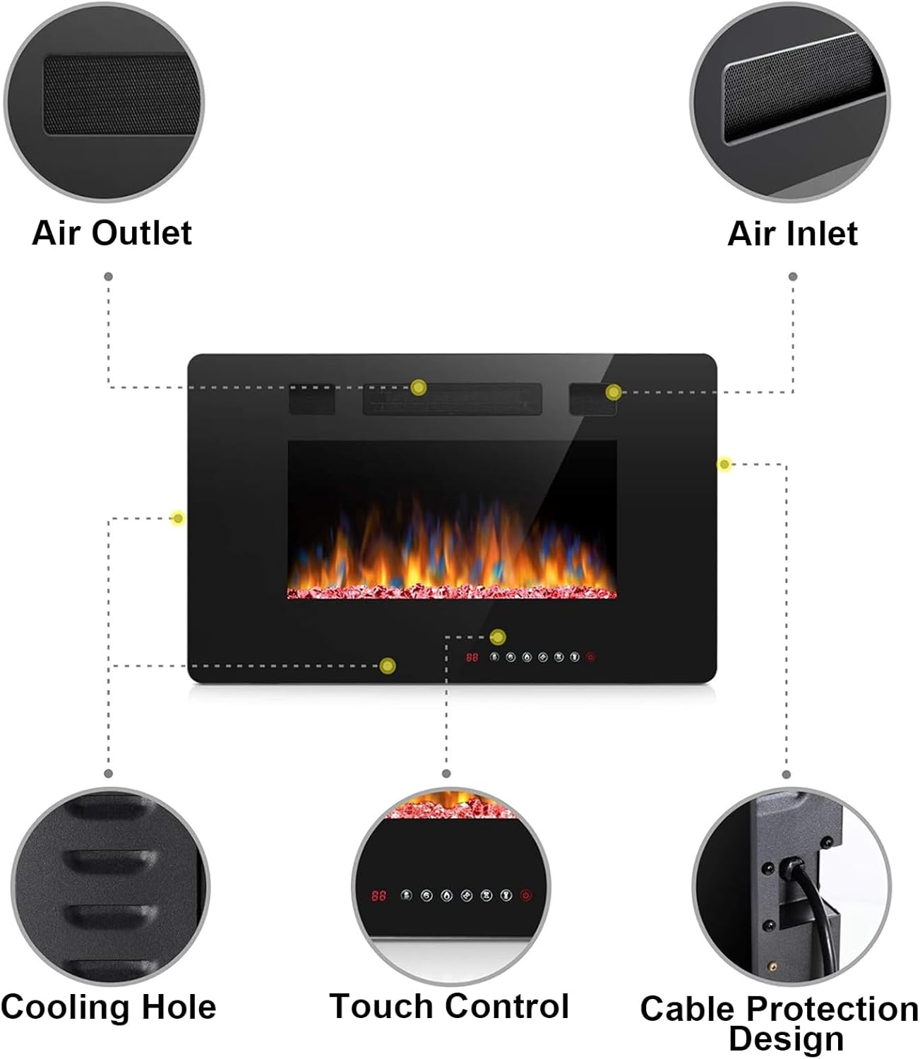 Joy Pebble Insertos de chimenea eléctrica de 30 pulgadas, empotrado en la pared y montado en la pared, calentador de chimenea de 7501500 W, pantalla