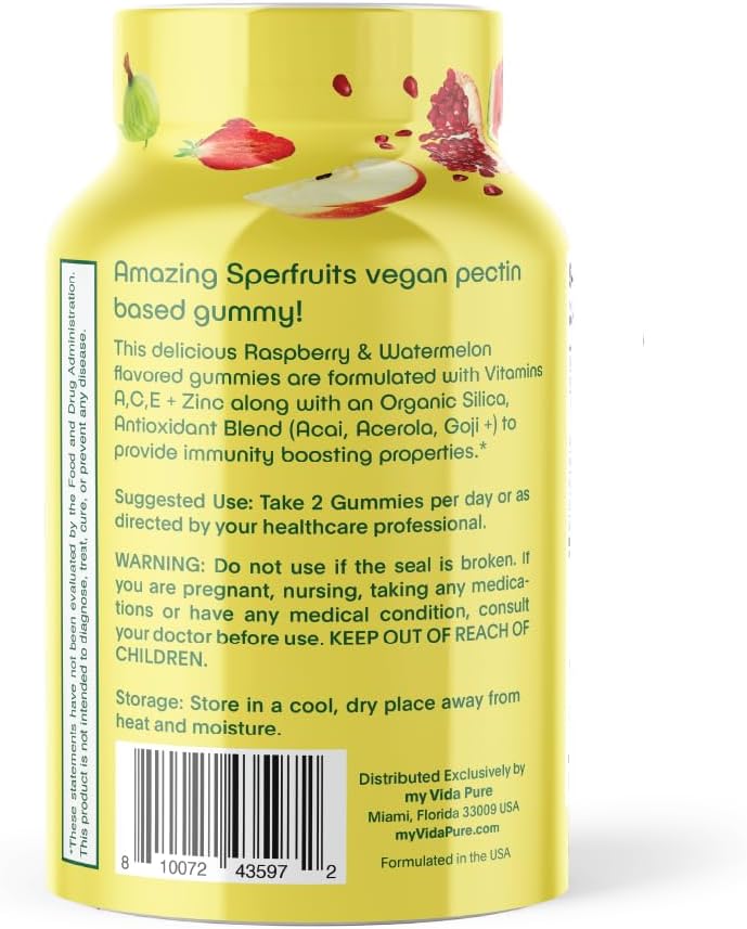 Amazing Superfruits Star Gummies Vitaminas A, C, E, Zinc, Acai Berry, Acerola, Goji, raíz de remolacha, fresa, grosella espinosa. Sabor frambuesa y