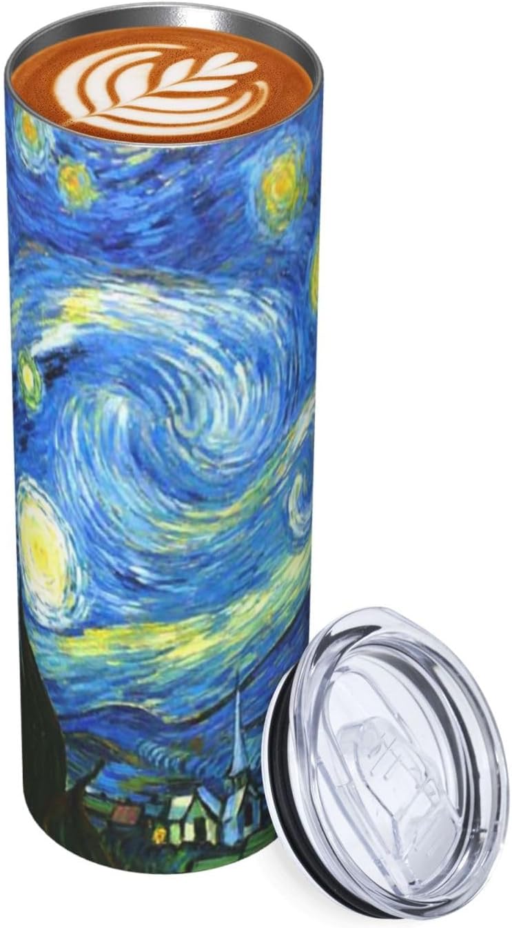 Van Gogh’s Starry – Vaso aislado de acero inoxidable de 20 onzas, taza de café estilo cielo con tapa a prueba de salpicaduras y popote para hombres,