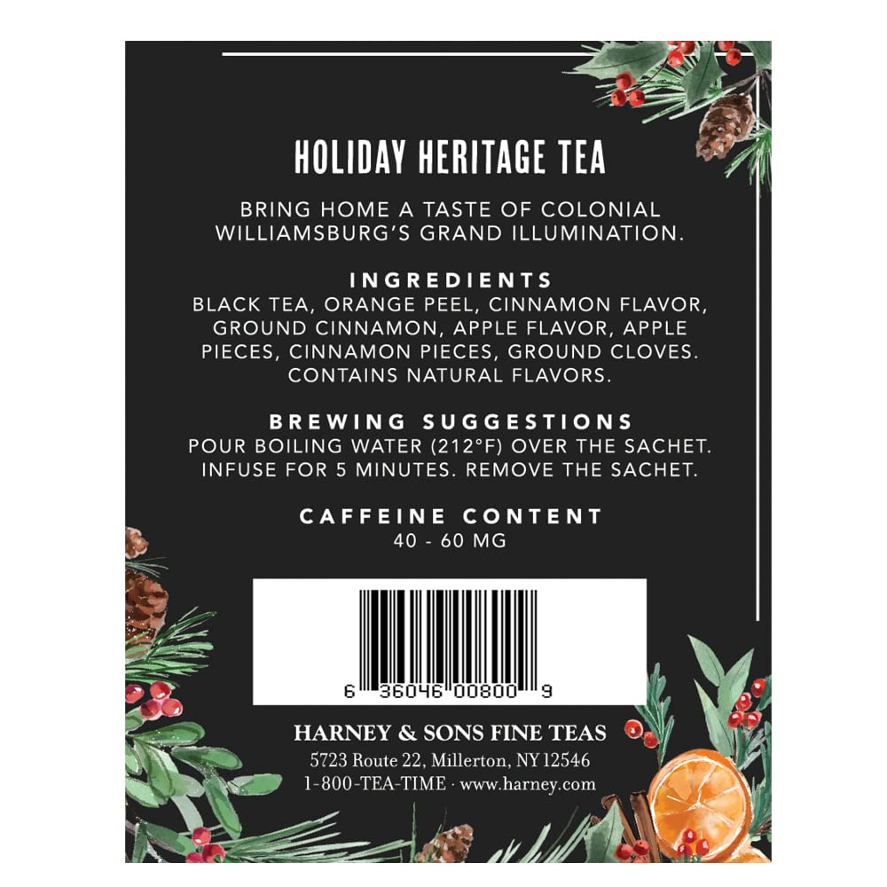 Harney & Sons Holiday Heritage Colonial Williamsburg Blend  Té negro con manzana tibia, canela y cáscara de naranja