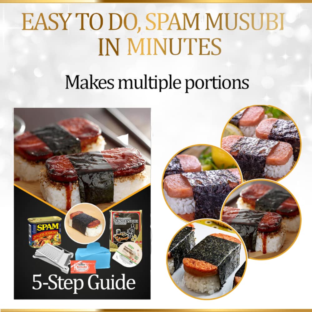 Kit de moldes Musubi (paquete de 7) con prensa Musubi, paleta de arroz, cortador de spam, spam bajo en sodio, arroz, envoltura de algas marinas y