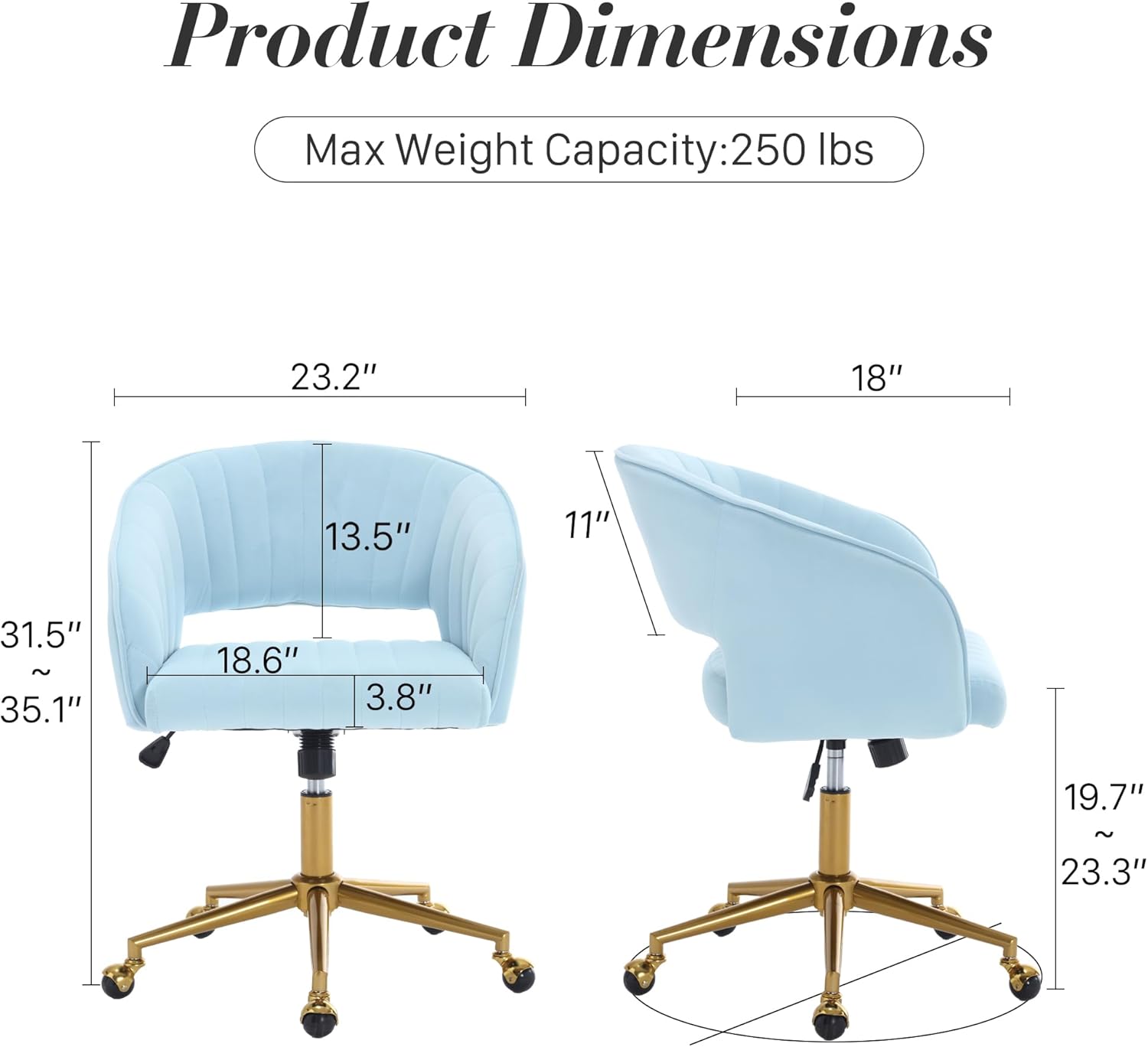 Homedraft Silla de escritorio giratoria para oficina en casa, moderna silla de escritorio de terciopelo, sillón de altura ajustable con base dorada,