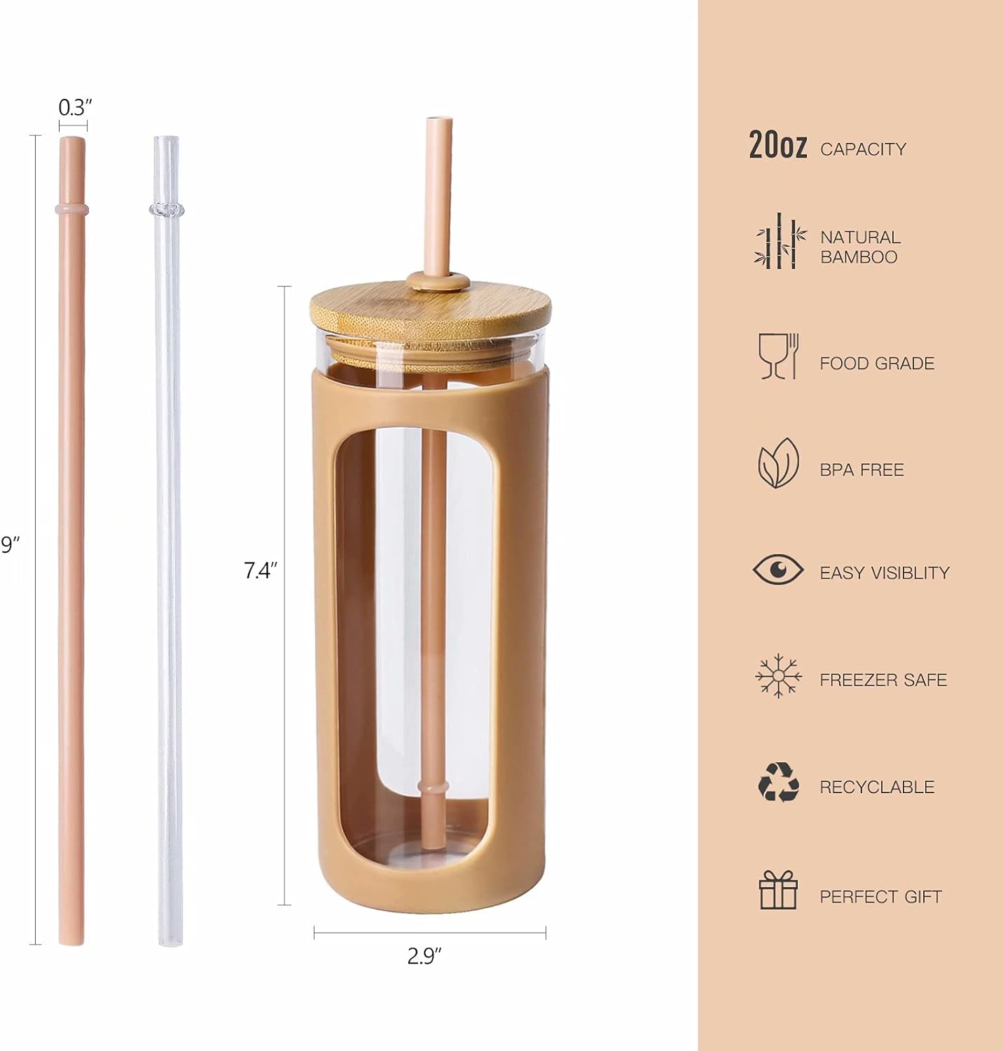 Kodrine – Vaso con popote para beber, capacidad de 20 onzas fluidas, con tapa de bambú, para café helado, reutilizable, boca ancha, para batidos,