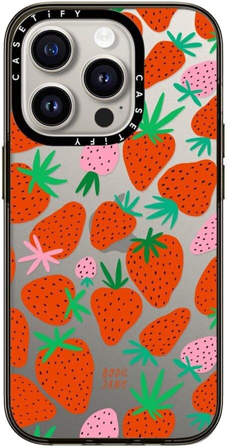 CASETiFY Funda compacta para iPhone 15 Pro 2 veces probada contra caídas de grado militar  protección contra caídas de 4 pies – Fresas – Negro