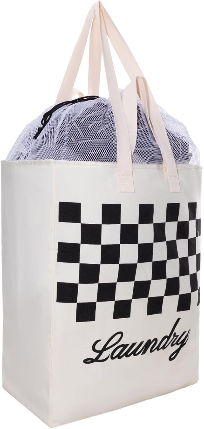 Bolsa de lona para ropa sucia XL, extra grande y resistente, bolsa de almacenamiento con malla de cordón fijo, correas para el hombro y asas, VOL